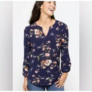 Stitch Fix Small Boutique Blouse Long Sleeve Navy Boho Floral Top NEW